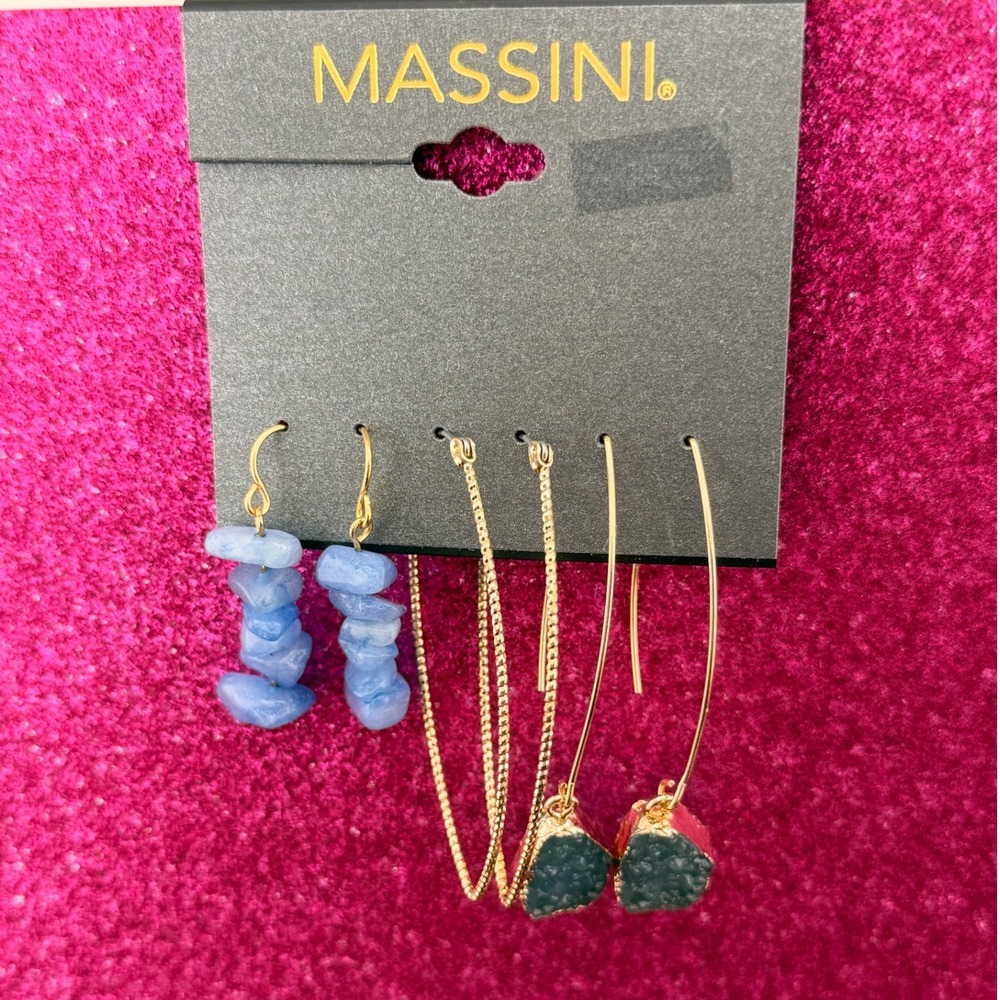 Massini 3 Pair Earring Set Gold Tone Blue Stone Dangle Threader Baby Blues 829